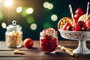 jul efterrätt med röd och vit godis och frukt. ai-genererad foto