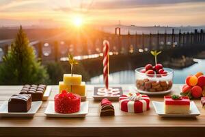 olika desserter på en tabell med en se av de solnedgång. ai-genererad foto