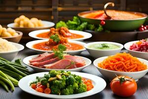 en mängd av annorlunda livsmedel är anordnad på en tabell. ai-genererad foto