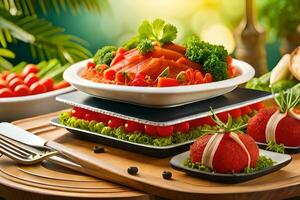 en tabell med mat på den och en tallrik med grönsaker. ai-genererad foto