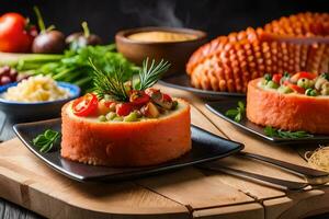 en tallrik med en Kalkon, grönsaker och Övrig mat. ai-genererad foto