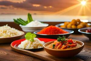 en tabell med skålar av mat och ris. ai-genererad foto