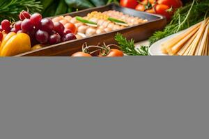 en tabell med olika typer av mat och grönsaker. ai-genererad foto