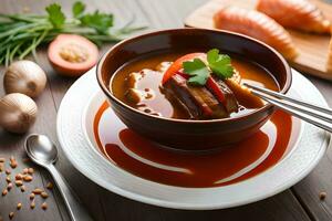 en skål av soppa med grönsaker och kött på en trä- tabell. ai-genererad foto
