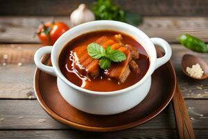 en skål av soppa med kött och grönsaker på en trä- tabell. ai-genererad foto
