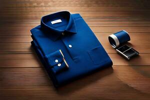 en blå skjorta och manschettknappar på en trä- tabell. ai-genererad foto