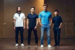 fyra män i blå polo shirts och jeans. ai-genererad foto