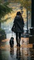 kvinna gående henne hund i de regn med paraply foto