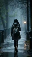 kvinna gående ensam i de regn foto