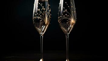 elegant champagne glasögon mot en svart bakgrund med guld accenter foto