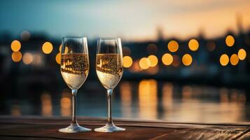 gnistrande champagne glasögon med ny år fyrverkeri i de bakgrund foto