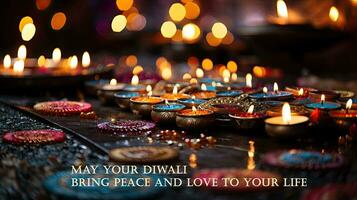 Maj din diwali föra fred och kärlek till din liv. hälsning indisk helgdag kort. foto