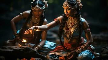 skön indisk kvinna i traditionell klänning Sammanträde på en sten och innehav diya foto