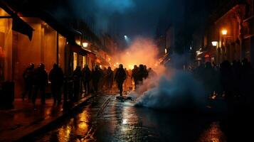 grupp av demonstranter protesterar i de stad. upplopp polis. foto