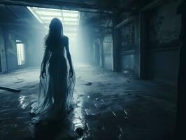skrämmande spöke kvinna i besatt övergiven hus, halloween bakgrund, ai genererad foto