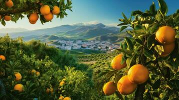 orange sicilian citrus- fruktträdgårdar ai genererad foto