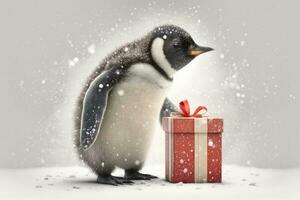 festlig vinter- illustration av en pingvin i de snö med en jul gåva insvept i röd papper med en rosett på en grå bakgrund. ai genererad. foto