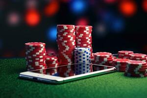 poker pommes frites och smartphone på grön känt. hasardspel missbruk. generativ ai foto