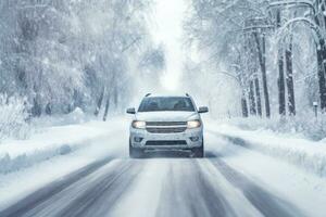 bil körning på snöig väg i vinter- skog. generativ ai foto