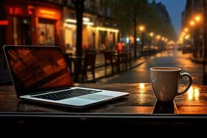 bärbar dator och kopp av kaffe på natt gata Kafé. generativ ai foto