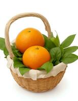 organisk mogen mandariner i en korg på en vit bakgrund förbi ai-genererad foto