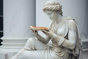 marmor gammal kvinna grekisk staty äter pizza i de trogen stad foto