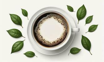 kopp av svart kaffe grön löv och bönor på vit bakgrund foto