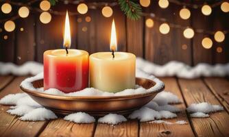 brinnande ljus jul dekoration på trä- bakgrund foto