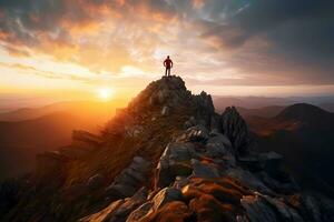 man stående på topp av en klippa på solnedgång med solljus tittar på de skön berg. prestation Framgång begrepp. ai genererad foto