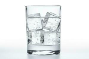 glas med ren vatten och is på en vit bakgrund. ai generativ foto