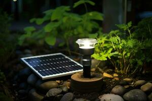 små trädgård sol- led lampa. ai generativ foto