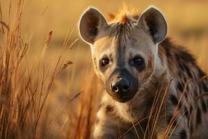 fick syn på hyena i torr lång gräs. ai generativ foto