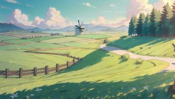 grön pastör gräs fält illustration anime manga visuell ny bakgrund tapet foto