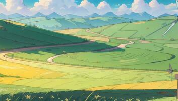 grön pastör gräs fält illustration anime manga visuell ny bakgrund tapet foto
