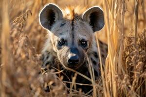 fick syn på hyena i torr lång gräs. ai generativ foto