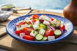 grekisk sallad med fetaost ost och oliv olja på tallrik. grekisk friska mat. generativ ai foto