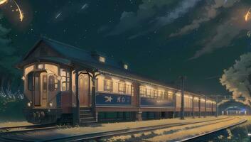 tåg station exteriör skott visuell ny anime manga bakgrund tapet foto