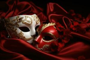 venetian karneval mask med guld dekorationer på röd bakgrund. generativ ai foto