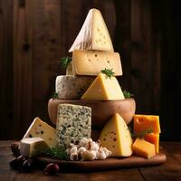 annorlunda typer av ost på en trä- styrelse. generativ ai foto