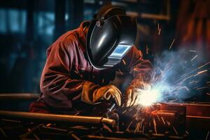 industriell svetsare med ficklampa i de fabrik foto