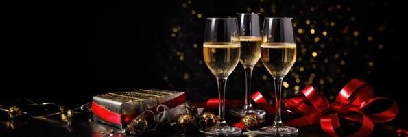 gnistrande vin eller champagne glasögon och röd band på mörk svart tabell bakgrund. Lycklig ny år, ny år eve eller jul och firande fest foto