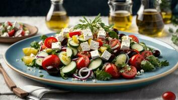 grekisk sallad av färsk gurka, tomat, ljuv peppar, sallad, röd lök, fetaost ost och oliver med oliv olja. generativ ai foto