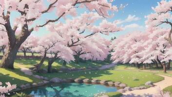 sakura trädgård under vår tid visuell ny anime manga bakgrund tapet foto