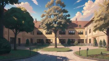 universitet skola komplex visuell ny anime manga bakgrund tapet på en solig dag foto