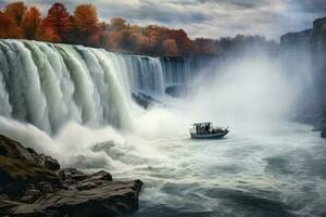 niagara faller, Ontario, Kanada. höst scen av niagara faller, hästsko falla, niagara klyfta och båt i dimma, niagara faller, Ontario, Kanada, ai genererad foto