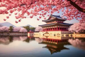 skön Gyeongbokgung palats i seoul, söder korea, Gyeongbokgung palats med körsbär blomma träd i vår tid i seoul stad av korea, söder korea, ai genererad foto