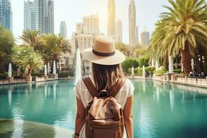 ung kvinna resande med hatt och ryggsäck stående nära simning slå samman i dubai, förenad arab emirater, Lycklig turist flicka bak- se gående nära fontäner i dubai stad. semester, ai genererad foto