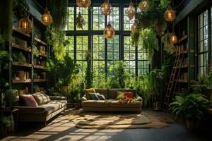 interiör av en mysigt levande rum i en loft stil med grön växter, interiör design rum med en massa av växter, ai genererad foto
