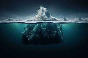 isberg flytande i de hav. 3d tolkning. dator digital teckning, isberg med ovan och under vattnet se, ai genererad foto