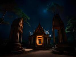 mörk natt scen med buddist tempel i de djungel foto